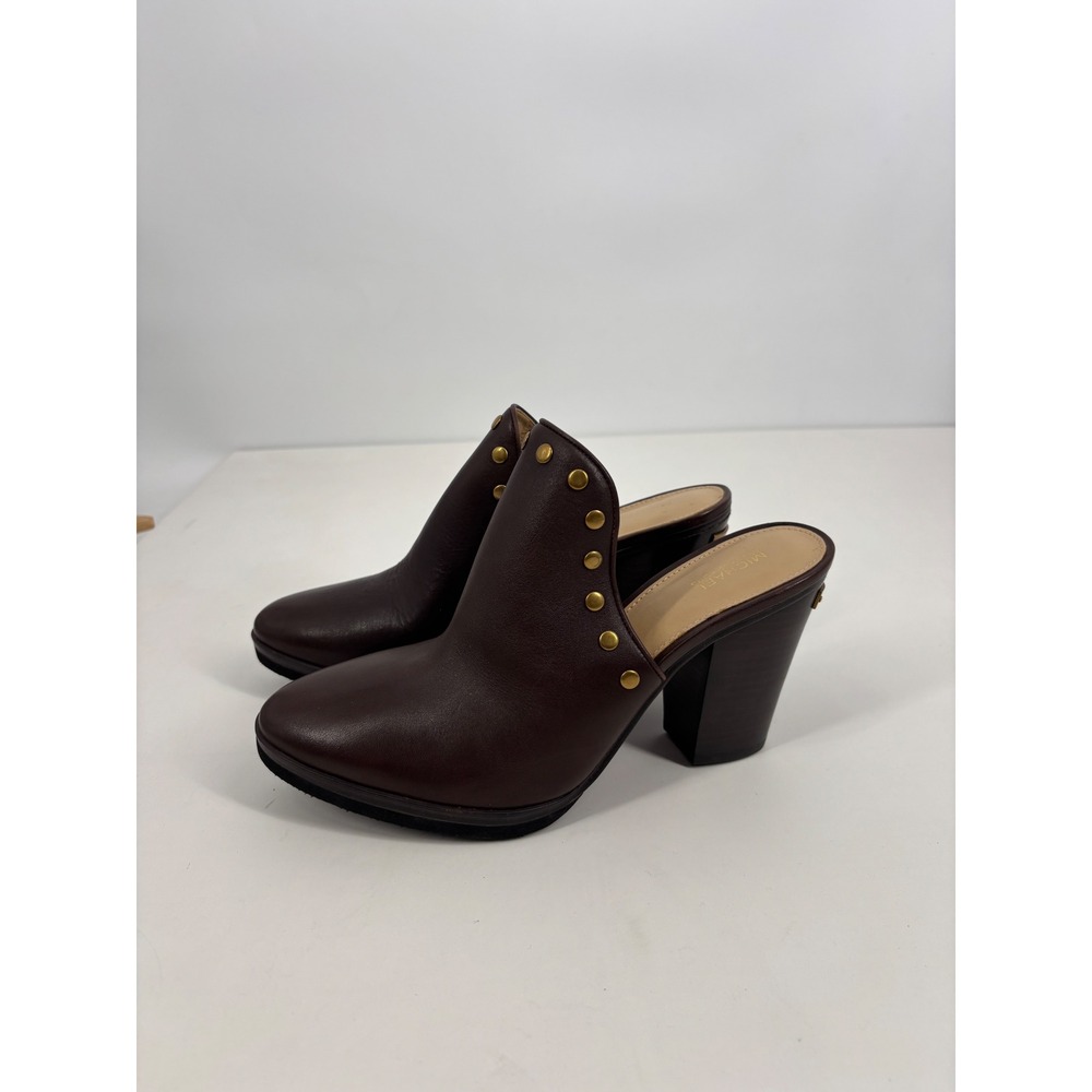 Michael Kors Mules Womens 10M Brown Leather Studded Block Heel Clogs